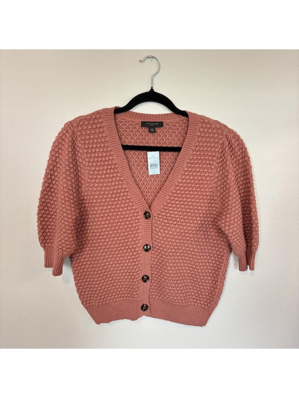 NWT Ann Taylor Short Sleeve Textured Knit Cardigan Dusty Rose Pink Small Petite
